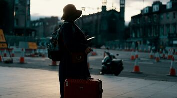 A silhouette of a traveler with a suitcase and smartphone standing near a construction site at dusk