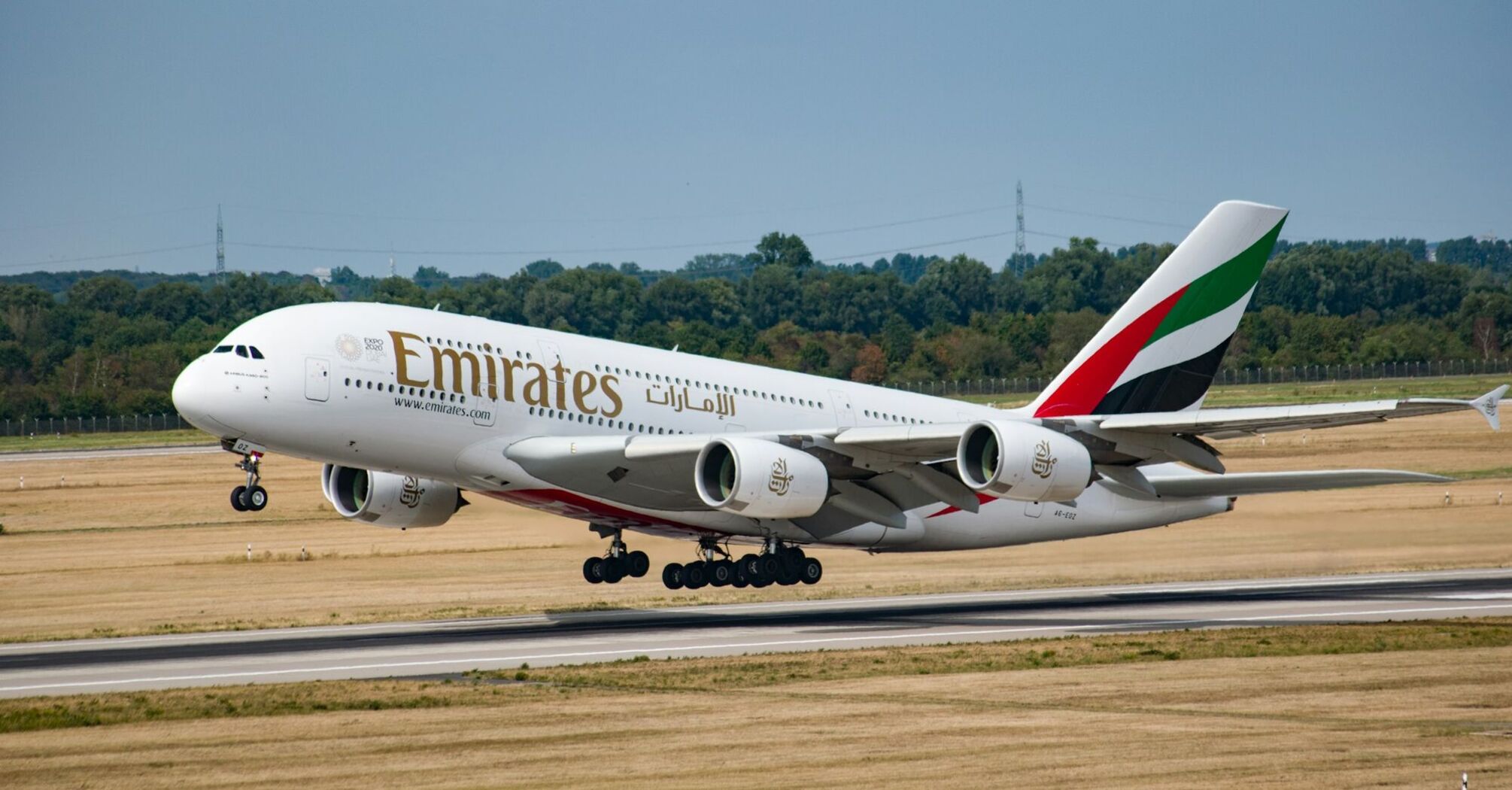 Emirates Airbus A380 taking off from a runway