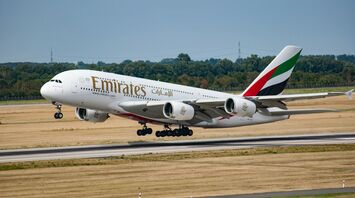 Emirates Airbus A380 taking off from a runway