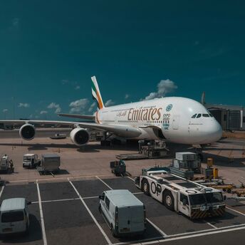 A parked Emirates plane at an airport gate, surrounded by ground support vehicles and cargo equipment under a blue sky
