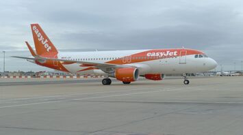 easyJet plane taxiing at an airport under cloudy skies