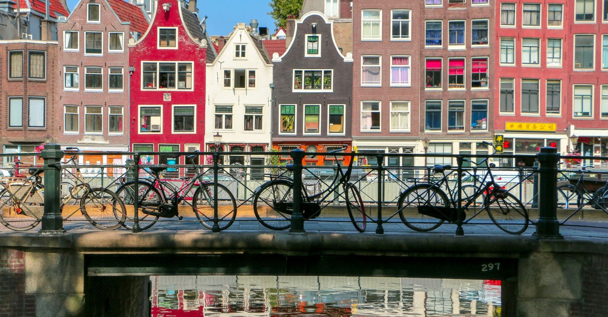 Bicycles parked on a bridge over a canal in Amsterdam with colorful historic buildings in the background