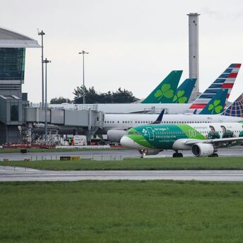 Aer Lingus aircraft taxiing at Dublin Airport with multiple airline tails in the background