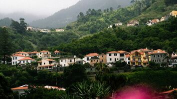 A misty hillside village with lush green vegetation and traditional houses in Madeira, Portugal