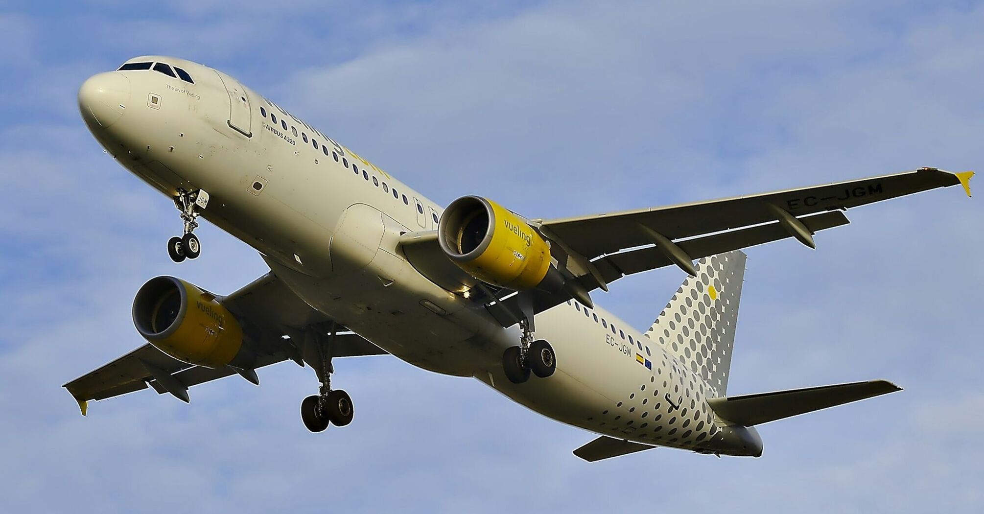 Vueling plane in flight with landing gear deployed