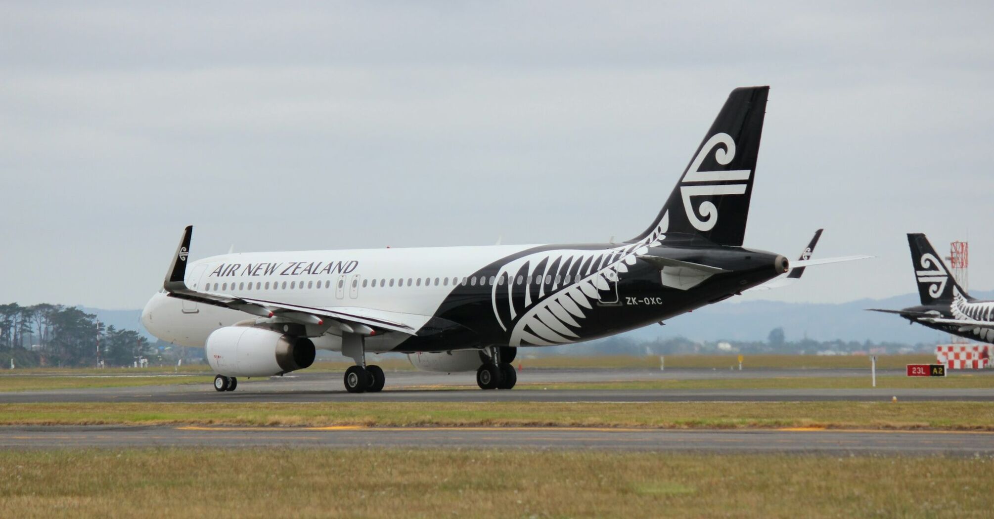 Air New Zealand aircraft on the runway, featuring the airline's black and white fern livery