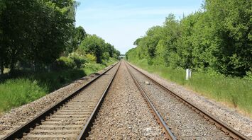 A straight railway track surrounded by green trees under a clear sky
