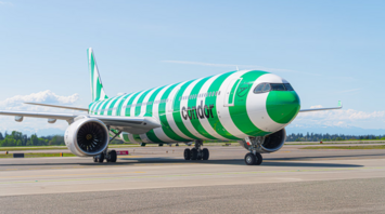 Condor aircraft with green and white striped livery on the runway