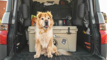 Dog sitting in the back of a car among travel bags