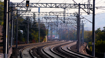 Curved railway tracks under overhead power lines in a wooded area