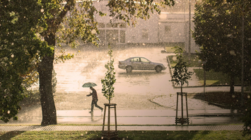 Person walking with umbrella in the rain near a parked car