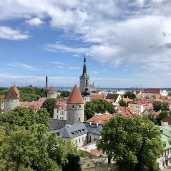 Aerial view of Tallinn's cityscape, showcasing modern buildings