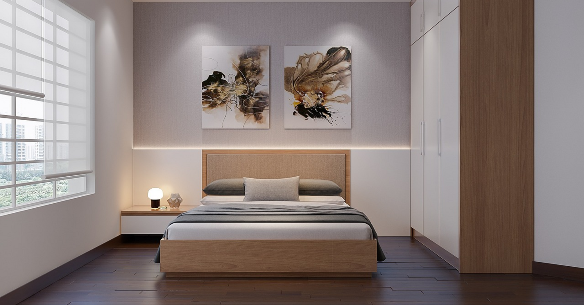 Modern minimalist hotel room with wooden furniture and abstract wall art