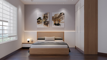 Modern minimalist hotel room with wooden furniture and abstract wall art