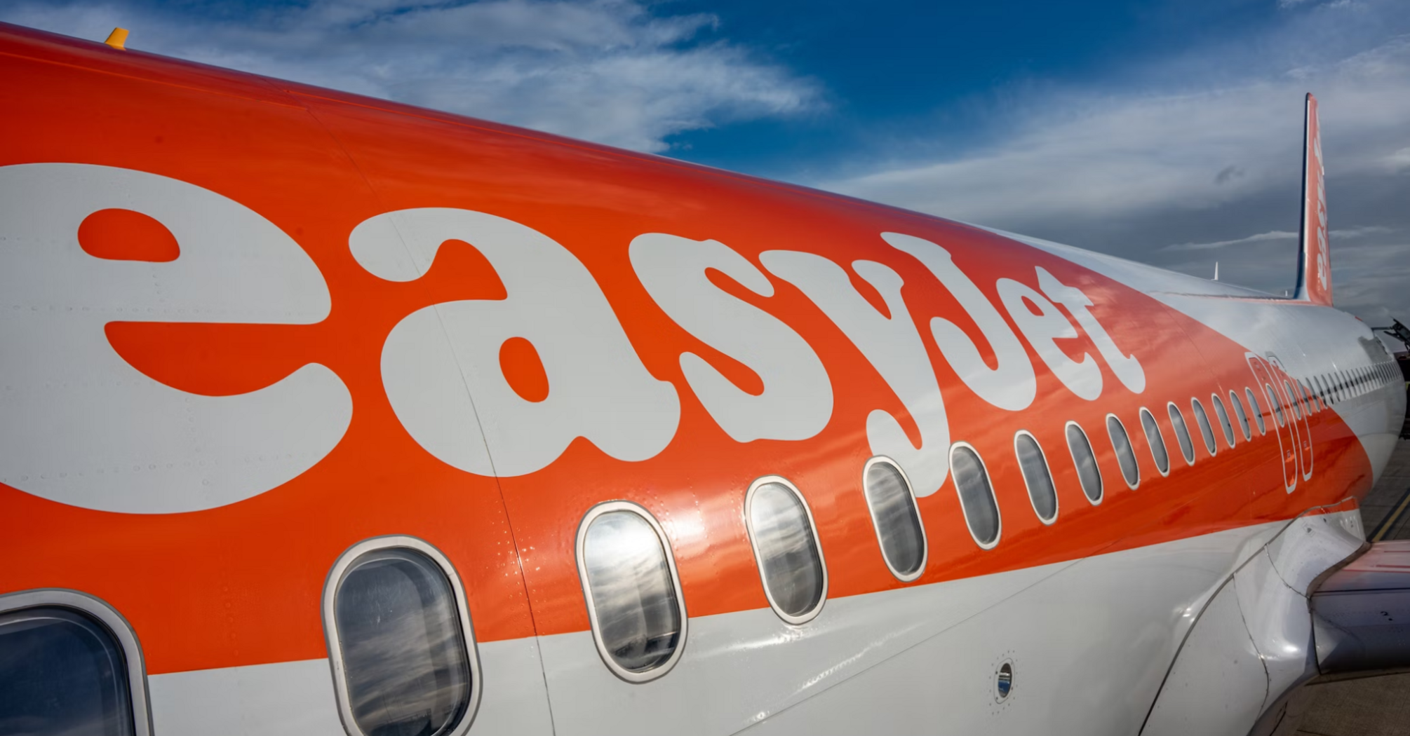Side view of an easyJet airplane on the runway