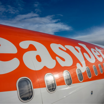 Side view of an easyJet airplane on the runway