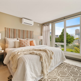 Modern hotel room with large windows and city view