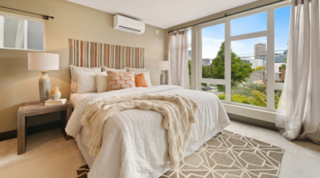 Modern hotel room with large windows and city view