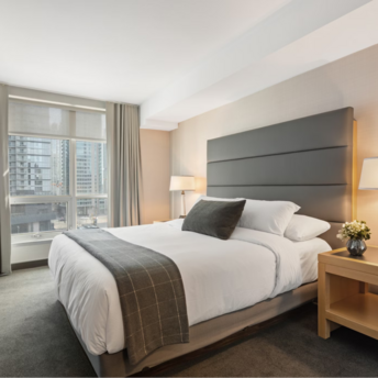 Hotel room with city view through large window