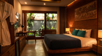 Hotel room with wooden interior, double bed, and garden view through glass doors