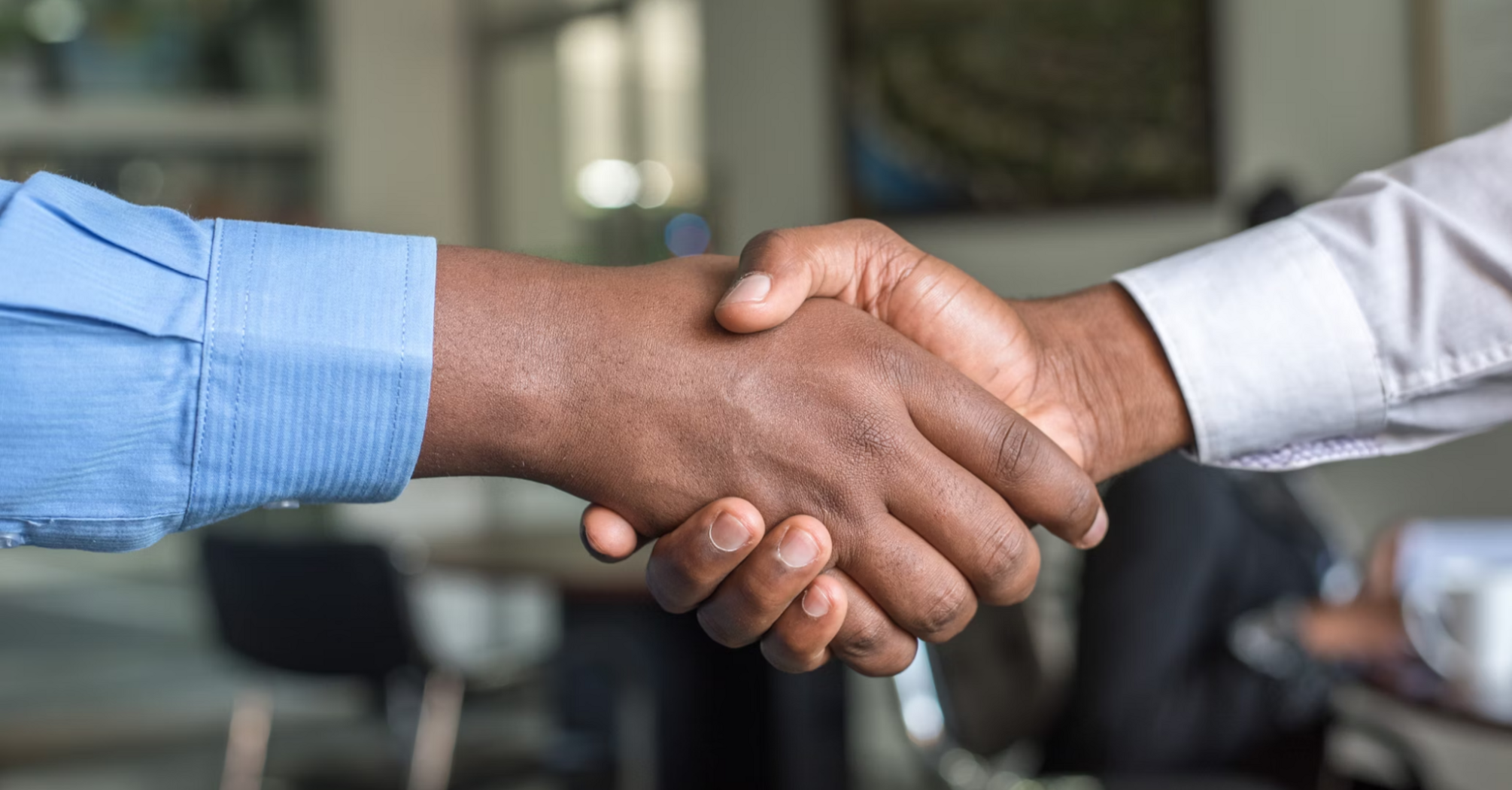 Two people shaking hands in a professional setting