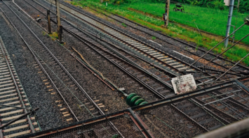 Railway tracks near a residential area during maintenance closure