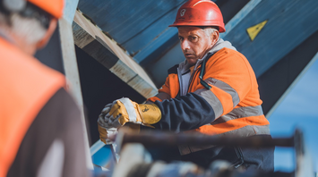 Construction worker in high-visibility gear at a rail infrastructure site
