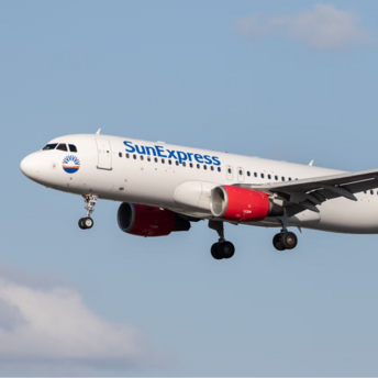 SunExpress aircraft in flight against clear blue sky