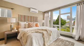 Modern hotel room with large windows and city view