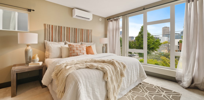 Modern hotel room with large windows and city view