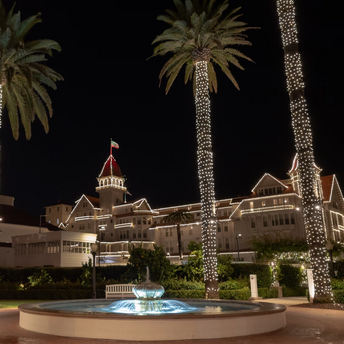 Night view of Hotel del Coronado with lit palm trees and fountain