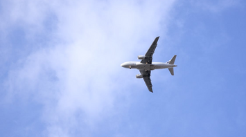 Airplane flying through a clear blue sky