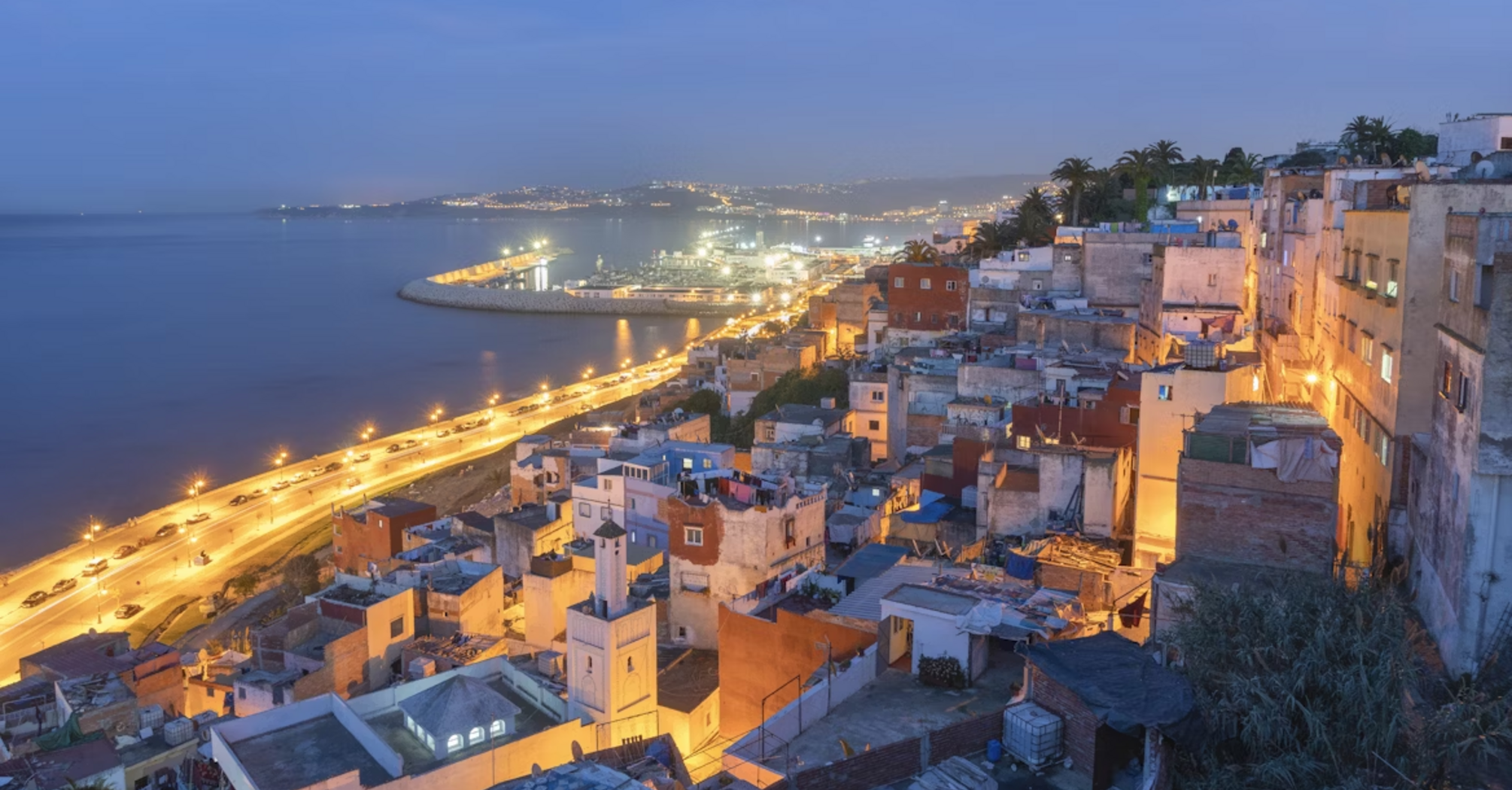 Tangier hillside and coastline at dusk