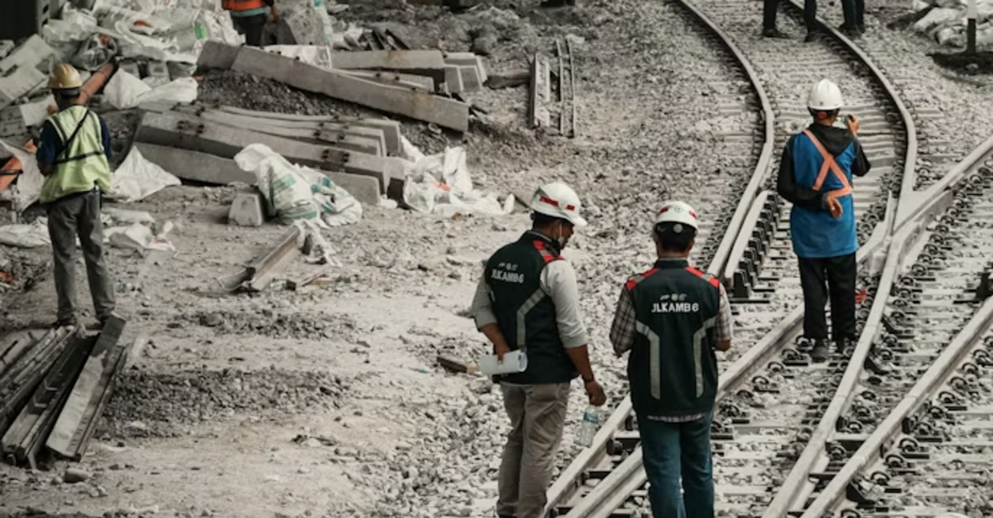 Rail workers at track reconstruction site