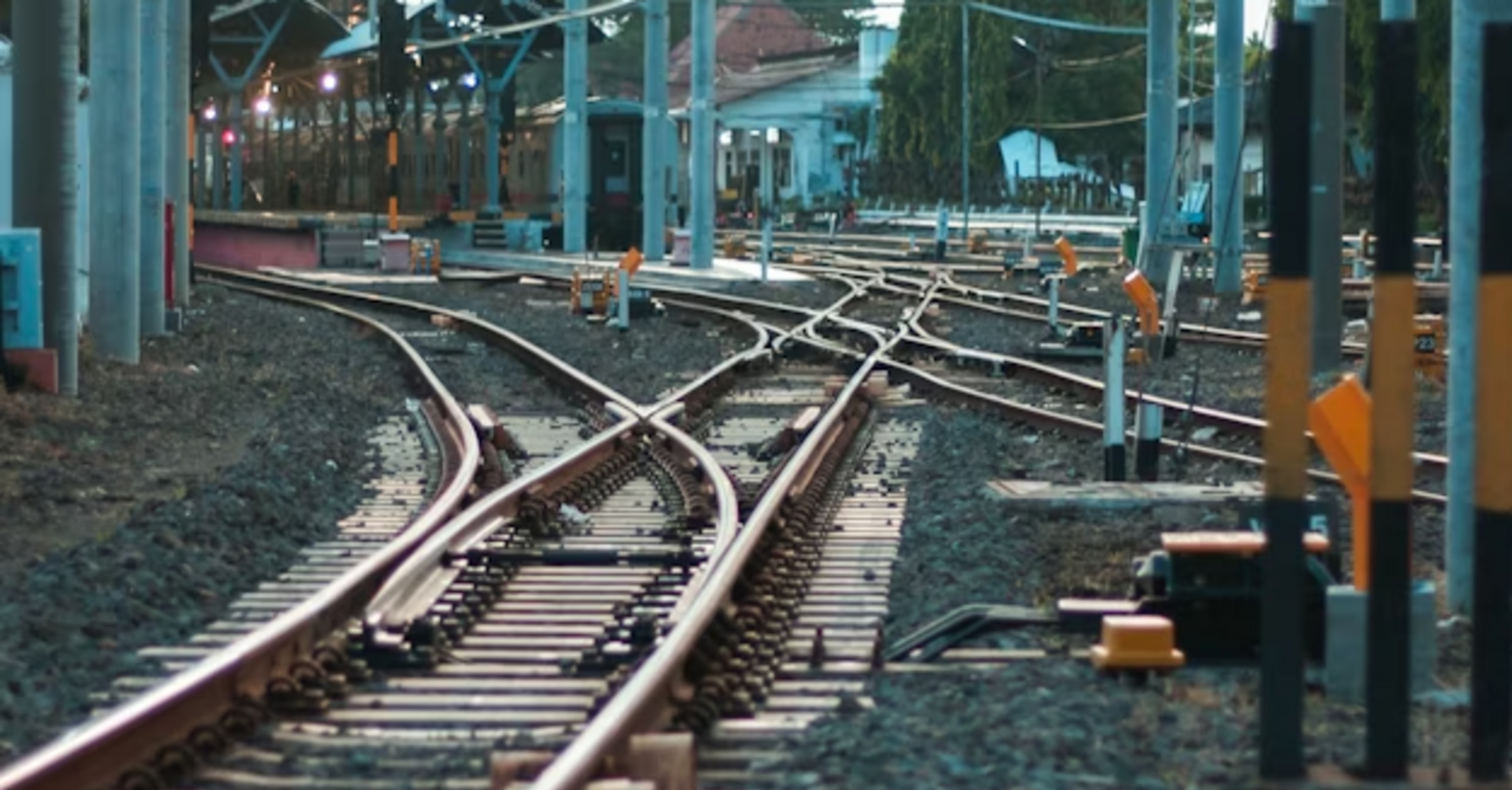 Railway switches and overhead wires at a track maintenance site