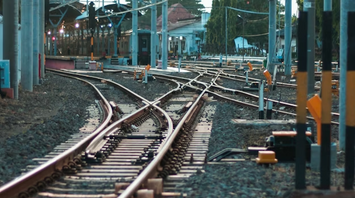 Railway switches and overhead wires at a track maintenance site