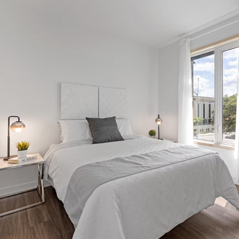 Minimalist hotel room with natural light and modern decor