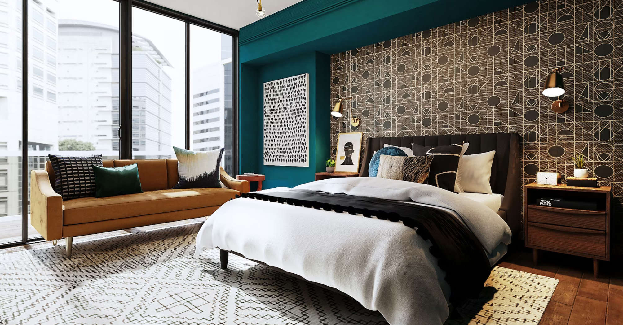 Modern hotel room with large windows, patterned wallpaper, and mid-century style furniture