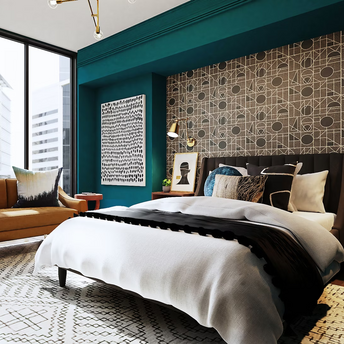 Modern hotel room with large windows, patterned wallpaper, and mid-century style furniture