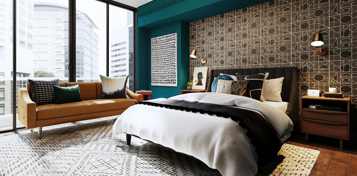 Modern hotel room with large windows, patterned wallpaper, and mid-century style furniture