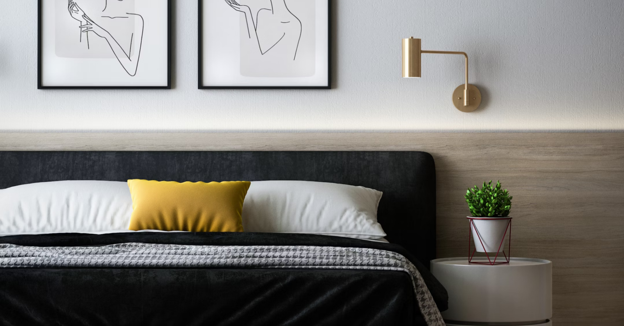 Modern hotel room with minimalistic decor and artwork above bed