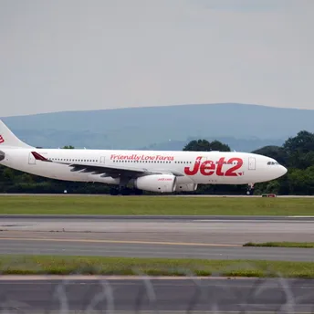 Jet2 airplane taxiing on the runway at a UK airport