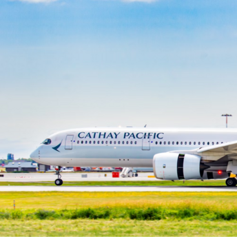 Cathay Pacific Airbus A350 taxiing on the runway at a European airport