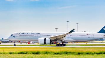 Cathay Pacific Airbus A350 taxiing on the runway at a European airport