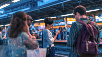 Commuters checking their phones while waiting at a busy train platform