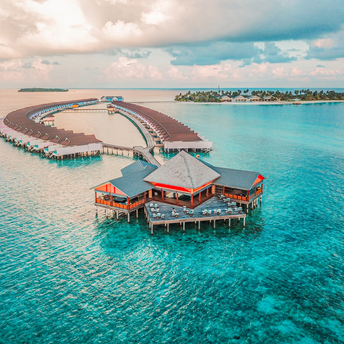 Overwater villas and main building in Baa Atoll, Maldives