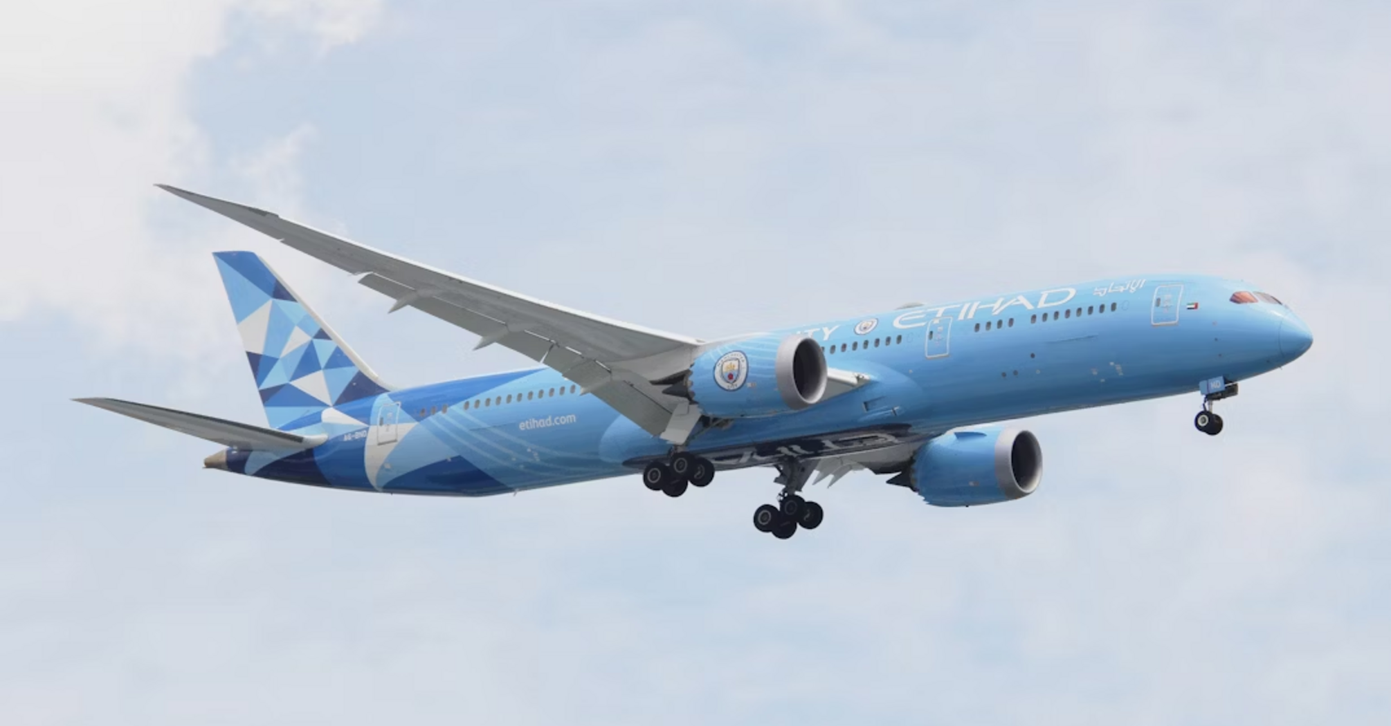 Etihad Airways Boeing 787 in special livery mid-flight