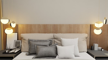 Modern hotel bedroom with neutral tones and ambient lighting