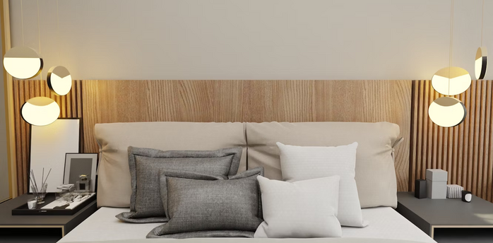 Modern hotel bedroom with neutral tones and ambient lighting