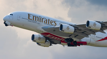 Emirates Airbus A380 taking off under cloudy sky